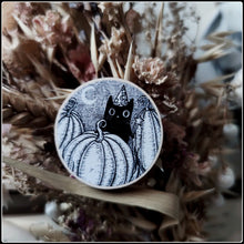 Load image into Gallery viewer, Pumpkin Wizard Black Cat Wooden Pin