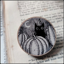 Load image into Gallery viewer, Pumpkin Wizard Black Cat Wooden Pin