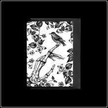 Load image into Gallery viewer, Skeleton And Sparrow Greeting Card - #intotheblack#