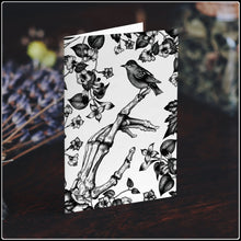 Load image into Gallery viewer, Skeleton And Sparrow Greeting Card - #intotheblack#