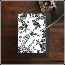Load image into Gallery viewer, Skeleton And Sparrow Greeting Card - #intotheblack#