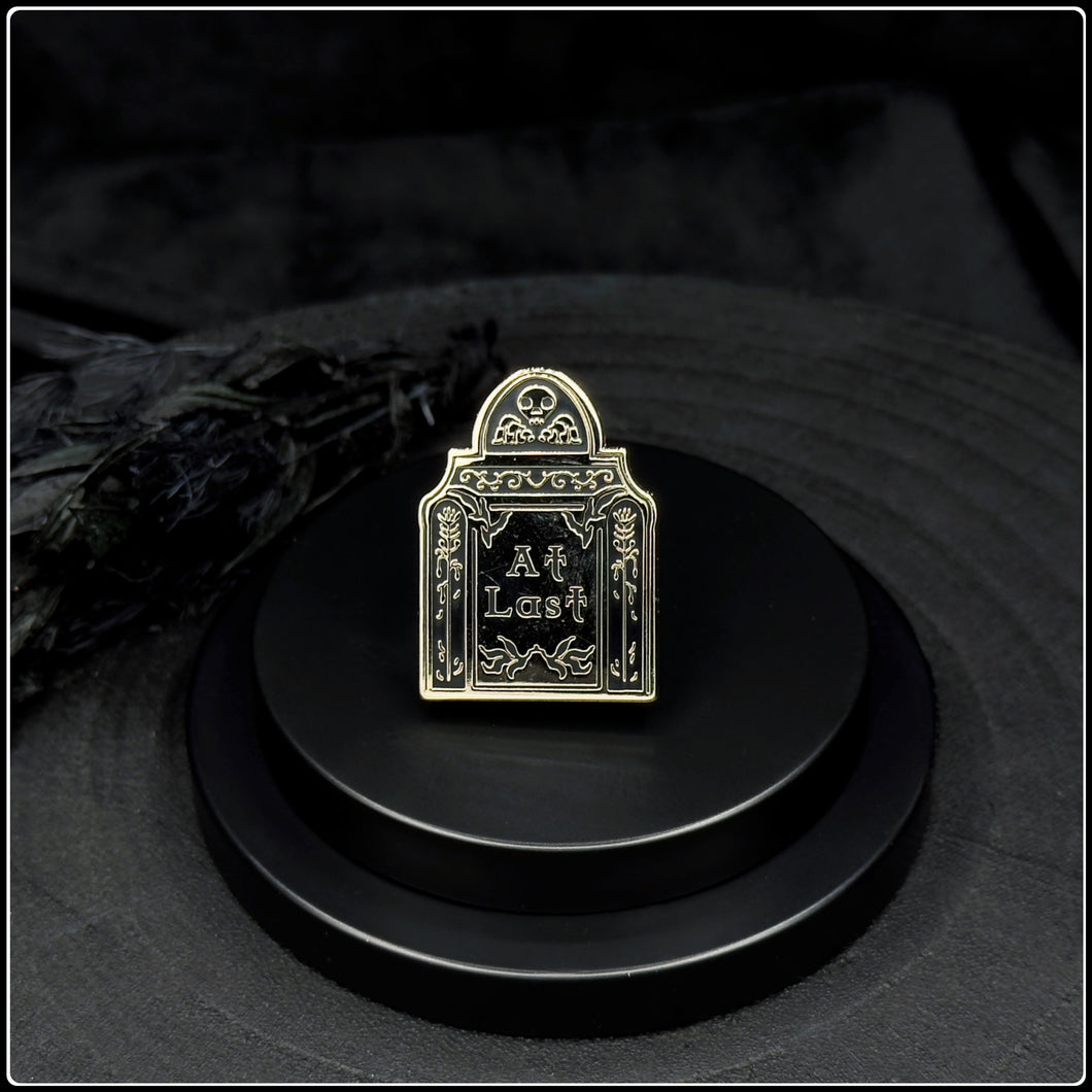 At Last Gold Enamel Tombstone Pin