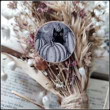 Load image into Gallery viewer, Pumpkin Wizard Black Cat Wooden Pin

