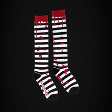Load image into Gallery viewer, Sanguine Stripes Blood Spatter Knee High Socks
